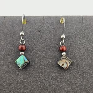 Pearlescent Beaded Dangle Drop Hook Earrings Earthy Brown Blue Gray Bohemian